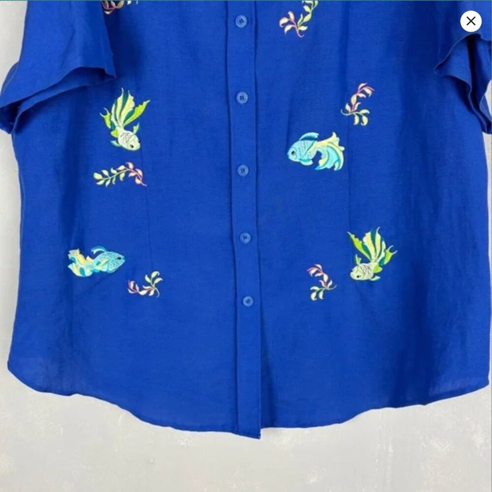 Vintage Sarah Spencer size 20W button down shirt embroidered fish blue linen - Picture 8 of 8